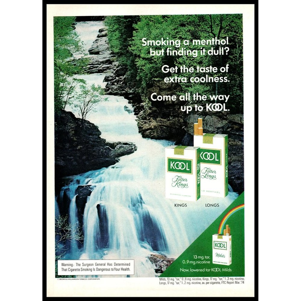 1974 Kool Cigarettes Taste of Coolness Vintage Print Ad Waterfall River Wall Art